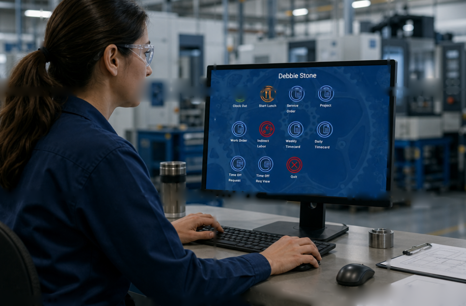 Shop floor employee entering time in AutoTime