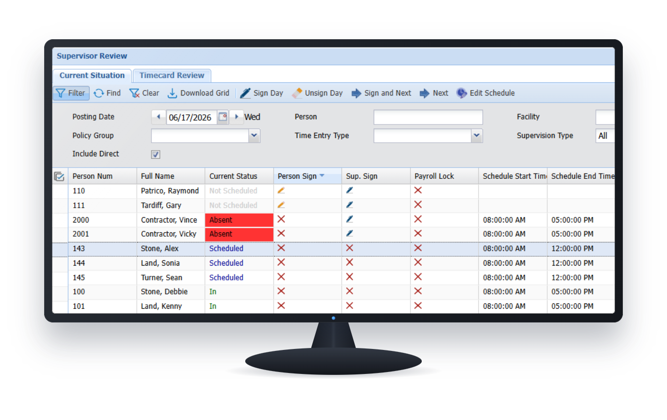 AutoTime supervisor dashboard displayed on a monitor