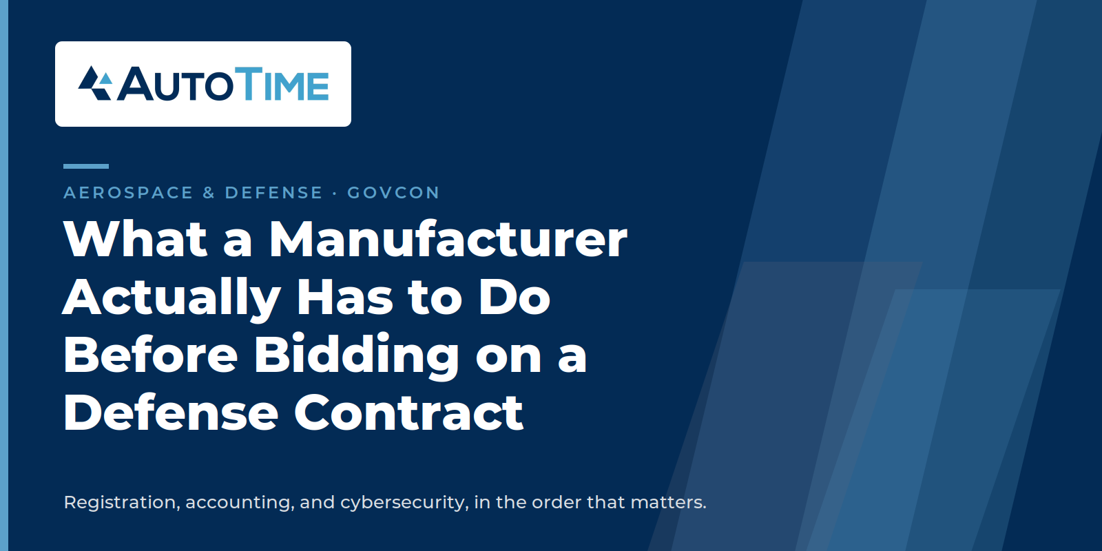 AutoTime hero graphic titled "What a Manufacturer Actually Has to Do Before Bidding on a Defense Contract," summarizing registration, accounting, and cybersecurity requirements.